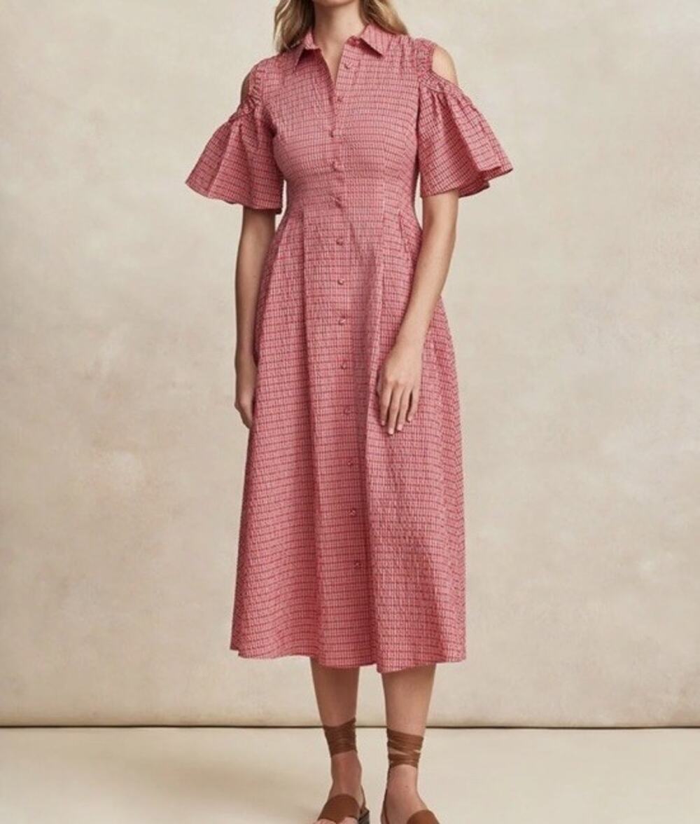 Pearl By Lela Rose Red Plaid Seersucker Shirt Dress Cold Shoulder Size 6
